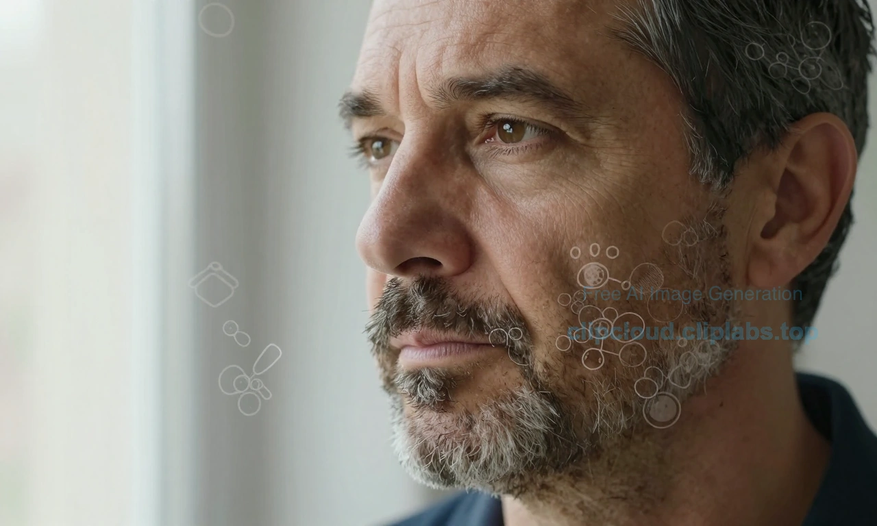 A close-up portrait of a middle-aged man (around 40-45 years old) with a slowly growing, patchy beard, standing in soft natural light near a window. His expression is thoughtful, with subtle signs of aging — fine lines around the eyes, slightly graying temples. The beard is uneven, with sparse growth on the cheeks and denser patches on the chin and jawline. A faint overlay of subtle biological icons (like testosterone molecules, age-related cellular aging symbols, and nutrition elements) floats