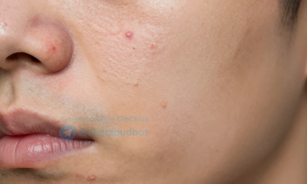 A close-up view of facial skin under a beard showing acne breakouts, with visible red pimples and inflammation, set against a natural skin tone background, soft lighting highlighting texture, no beard hairs obstructing the view of the skin, realistic dermatological detail