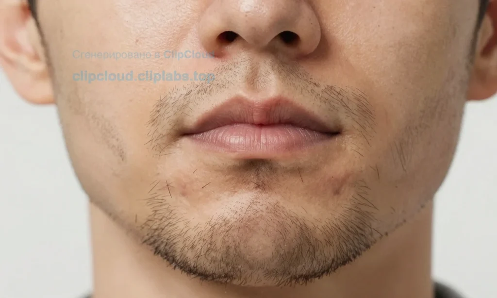 A close-up of a man's face with a patchy beard showing clumps of facial hair falling out, natural skin texture, soft lighting, realistic medical illustration style, no text or symbols