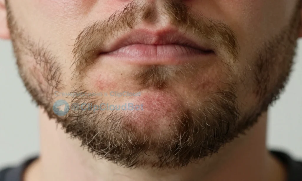 A close-up of a man's face with a full beard, showing dry, itchy skin underneath the beard with subtle redness and flaking, natural lighting, realistic skin texture, no visible irritation beyond mild discomfort, focus on the beard and skin beneath
