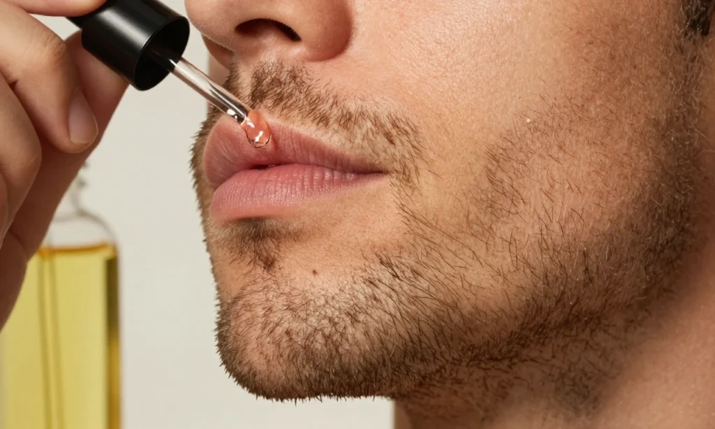 A close-up of a man's beard with a drop of hair oil being applied, showing natural facial hair texture, soft lighting, and a small bottle of oil nearby, no text or labels visible