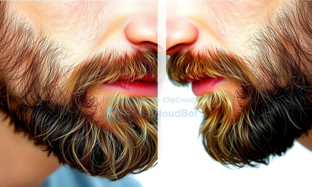 A close-up of a well-groomed beard with natural texture, showing subtle shine from beard oil on one side and light matte hold from beard wax on the other, split down the middle for comparison, on a clean white background, soft natural lighting, high detail, realistic skin and hair texture, no text, no logos, no people, no facial features beyond the beard
