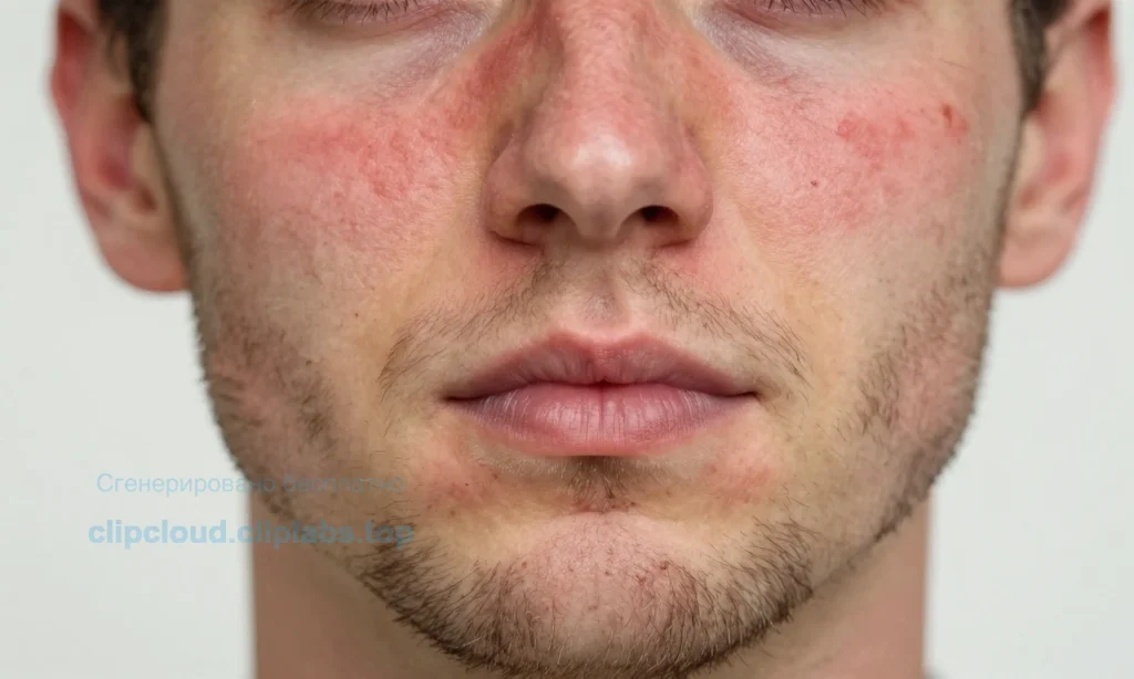 A close-up illustration of a man's face showing red, inflamed skin under a short beard after washing, with visible irritation, mild swelling, and dry patches, soft natural lighting, realistic skin texture, no text or symbols