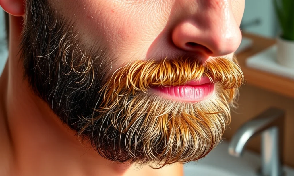 A close-up of a well-groomed beard with natural shine, showing healthy facial hair and skin underneath, soft morning light highlighting texture, no visible irritation or greasiness, realistic skin and hair detail, subtle background of a bathroom sink with wooden accents