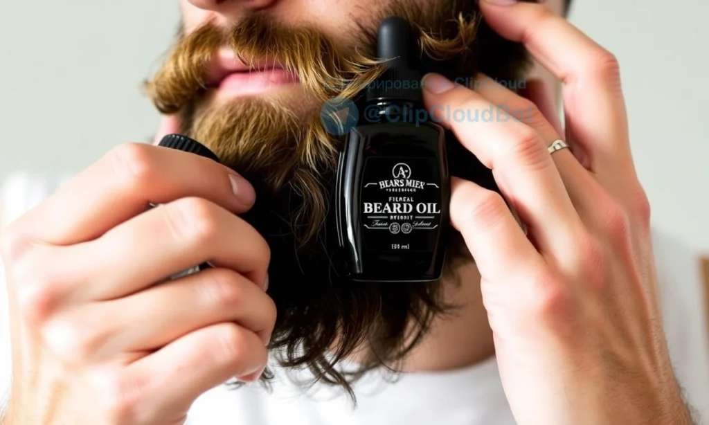 A close-up of a man's hands applying beard oil to a well-groomed beard, with natural lighting highlighting the texture of the facial hair and the oil's subtle sheen, set against a soft, neutral background to emphasize the grooming ritual