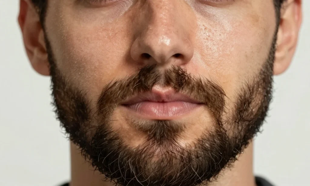 A close-up portrait of a man with a thick, well-groomed beard and oily facial skin, showing natural shine on the cheeks and forehead, soft lighting highlighting beard texture and skin pores, realistic skin detail, no makeup or filters, neutral background, focused on beard and skin interaction