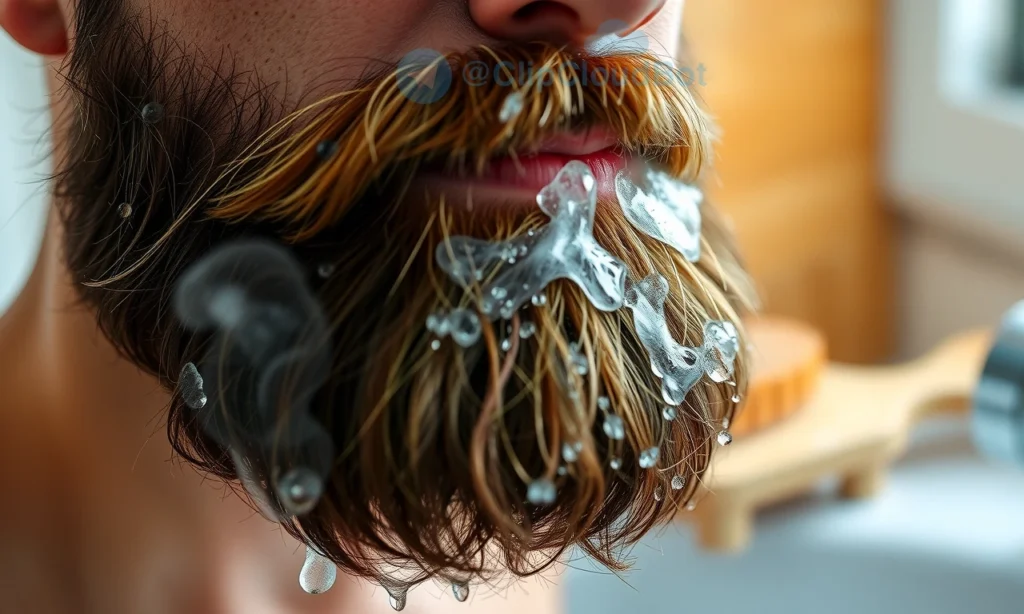 A close-up of a well-groomed beard with visible droplets of water after washing, steam rising gently from the facial hair, a natural wooden beard brush resting nearby, soft morning light filtering through a bathroom window, emphasizing cleanliness and freshness without any text, symbols, or letters in the image