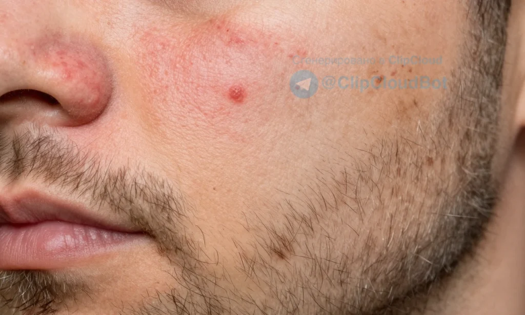 A close-up of a man's face with a beard, showing red, inflamed pimples on the skin beneath the beard, with visible beard hairs growing over the affected area, soft natural lighting, realistic skin texture, no makeup or filters, focusing on the contrast between beard and irritated skin