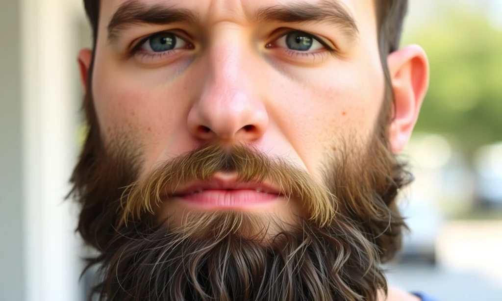 A close-up portrait of a man with oily facial skin and a thick, well-groomed beard, standing in natural daylight. His skin shows subtle shine on the T-zone (forehead, nose, chin) indicating oiliness, but is clean and healthy-looking. The beard is dense, dark, and neatly trimmed, covering the jawline and cheeks fully. Soft, even lighting highlights skin texture and beard detail without glare. No text, symbols, or watermarks visible.