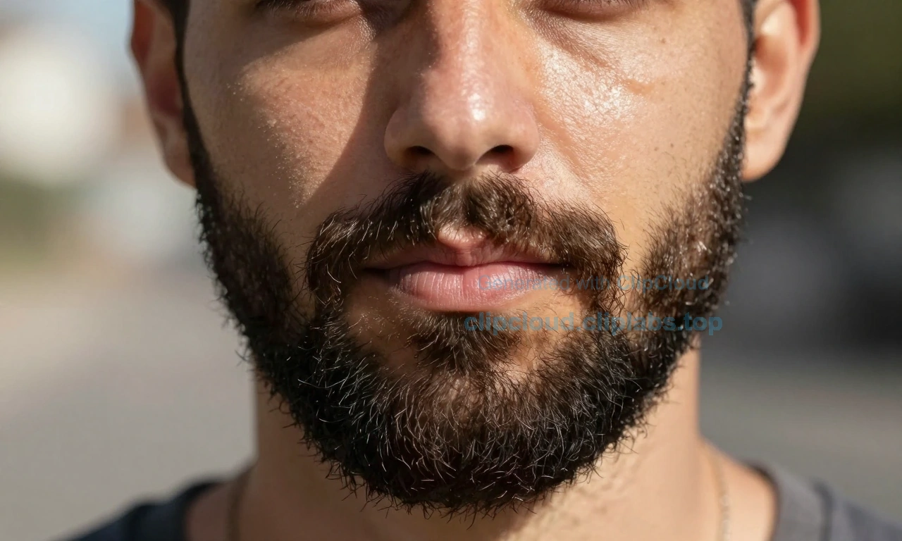 A close-up portrait of a man with a thick, well-groomed beard, standing in natural daylight, showing oily facial skin with subtle shine on the forehead, nose, and chin, but with dense, healthy beard growth covering the jawline and cheeks; realistic skin texture, no makeup, no blemishes exaggerated, focus on beard density and skin condition interaction