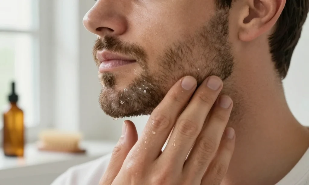 A close-up of a well-groomed man's beard being gently massaged with beard oil using fingertips, showing natural oil droplets on facial hair, soft morning light from a window, bathroom sink with wooden beard comb and small glass bottle of beard oil in the background, realistic skin texture, no text, no labels, no symbols