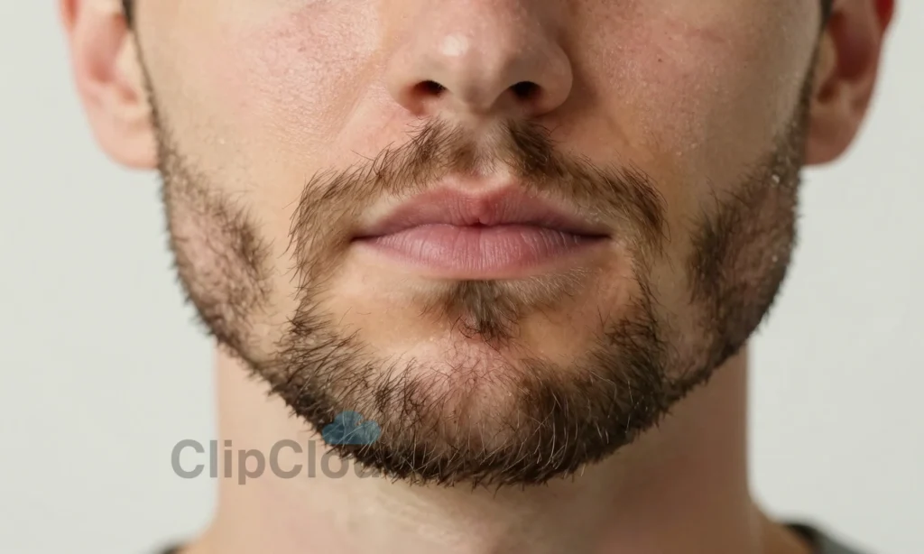 A close-up of a well-groomed short beard on a man's face, showing healthy skin underneath with no redness or irritation, soft natural lighting highlighting the texture of the beard hairs, subtle moisture on the skin to indicate proper hydration, no visible flakes or ingrown hairs, neutral background, focus on beard care and comfort