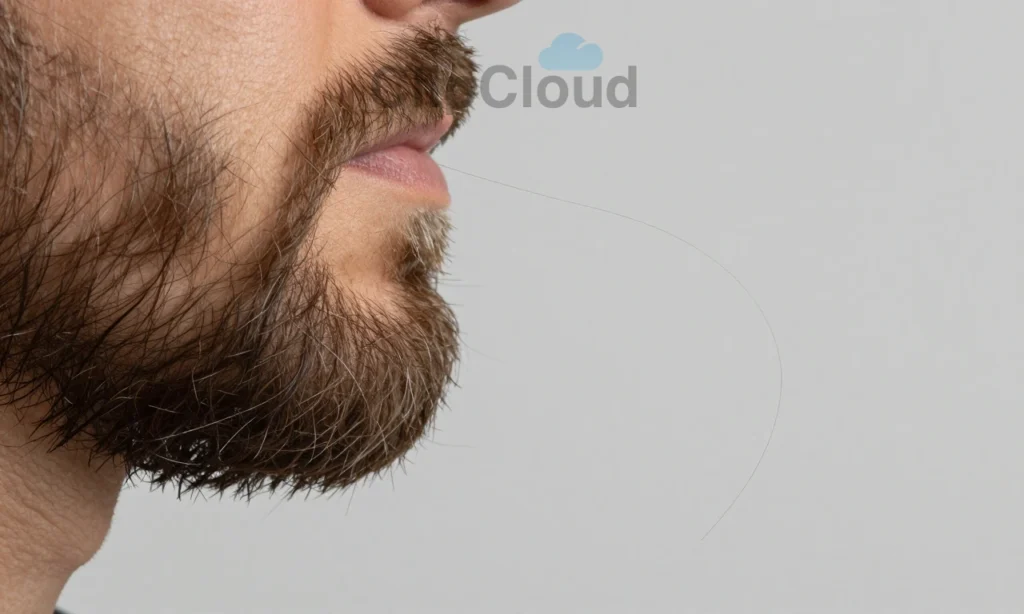 A close-up comparison of coarse beard hair and softer scalp hair under natural lighting, showing texture differences with beard hair appearing thicker, wiry, and more rigid, while scalp hair looks finer and smoother; both strands isolated on a neutral gray background, with subtle magnification details to highlight cuticle structure and stiffness, no text, no labels, no people, no facial features, purely macro hair strands
