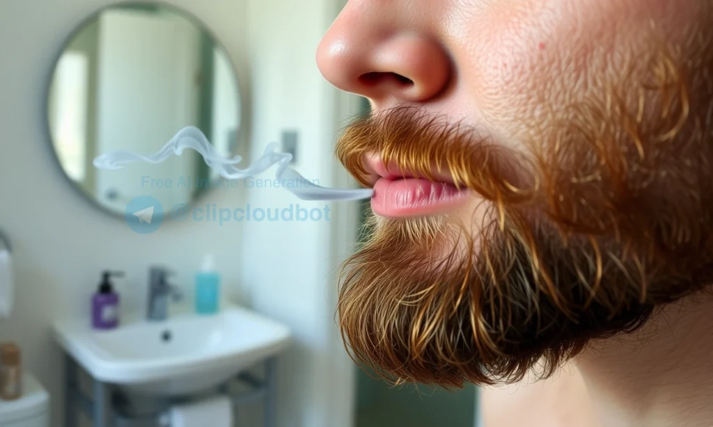 A close-up of a man's beard with visible tobacco smoke residue, showing strands of facial hair slightly discolored and emitting faint gray wisps of smoke, set against a soft blurred bathroom background with a sink and mirror, natural daylight, realistic texture, no text or symbols