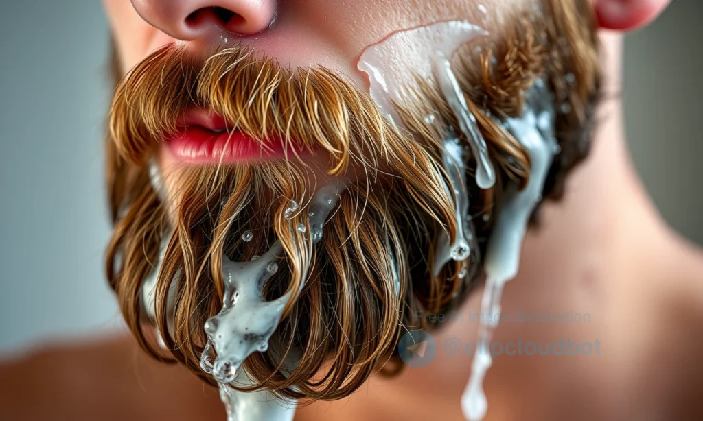 A close-up of a well-groomed beard being gently washed with warm water and mild soap, showing wax residue dissolving and rinsing away cleanly, with soft natural lighting highlighting the smooth, residue-free facial hair and skin, no visible wax flakes or greasy buildup, focusing on the cleansing process and healthy beard texture