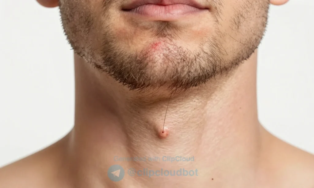 A close-up of a man's beard showing ingrown hairs with red bumps and inflammation, set against a clean white background, with subtle lighting highlighting skin texture and hair follicles, medical illustration style, realistic skin details, no text or labels