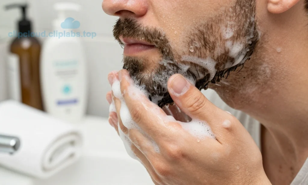 A close-up of a man's beard being washed with shampoo in a bathroom sink, showing water droplets, foam, and hands gently massaging the beard, with a clean towel and beard care products visible in the background, realistic lighting, high detail, no text or symbols