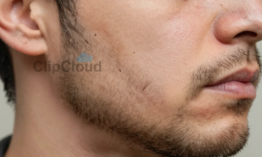 A close-up of a man's face showing a damaged beard with uneven patches and stubble after a bad haircut, with visible signs of irritation and sparse growth, soft natural lighting, realistic skin texture, detailed facial hair follicles, no text or symbols