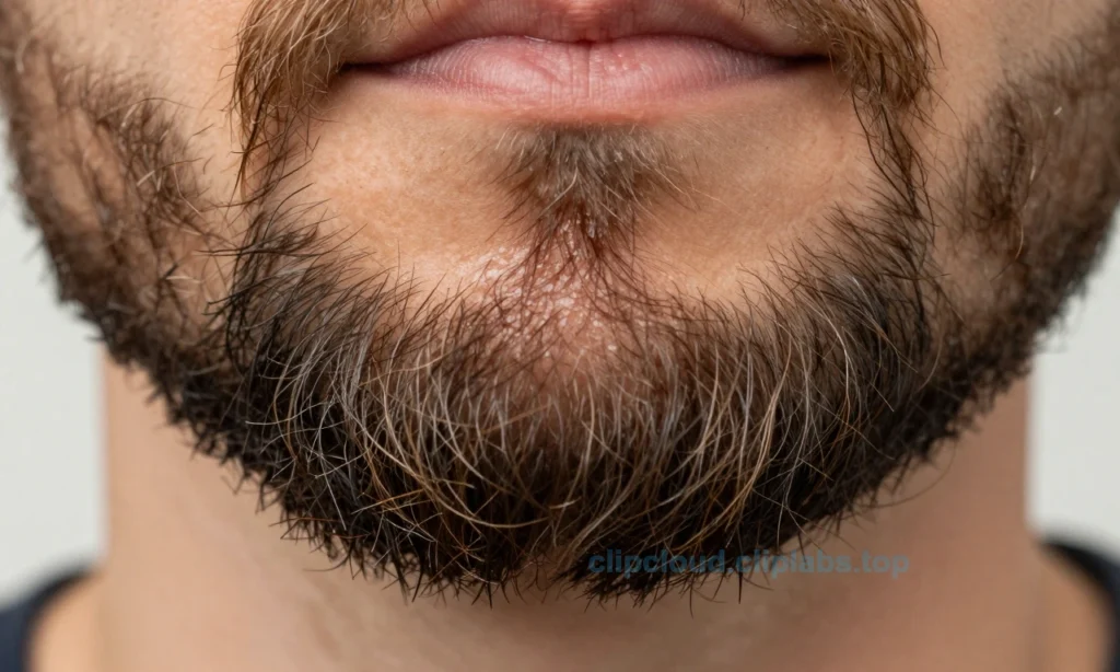 A close-up of a man's beard showing oily roots and dry ends, with visible contrast between greasy hair near the skin and brittle, frayed tips, soft natural lighting, high detail, realistic texture, no text or symbols