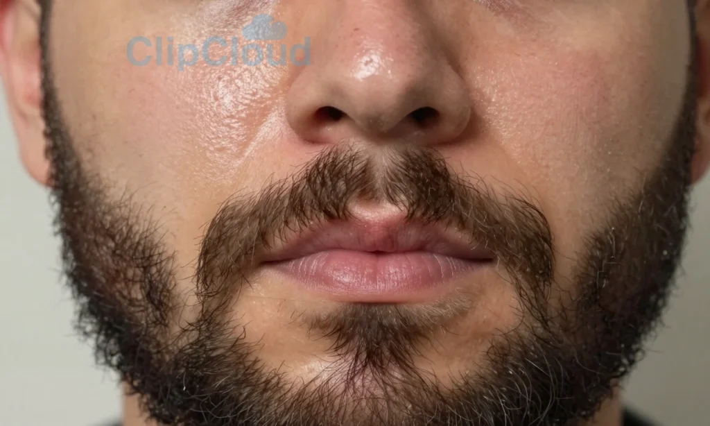 A close-up portrait of a man with oily facial skin and a thick, full beard growing despite the skin condition, showing visible sebum on the cheeks and forehead, dense facial hair covering the jawline and chin, natural lighting, realistic skin texture with subtle shine, no makeup or retouching, focus on the contrast between oily skin and robust beard growth