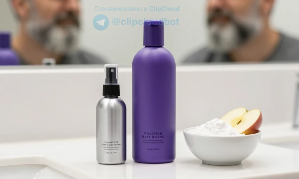 A clean, well-lit bathroom countertop displaying several grooming products for reducing yellow tones in gray beard hair: a purple shampoo bottle, a silver-toned beard oil, a clarifying beard wash, and a small bowl with natural ingredients like baking soda and apple cider vinegar. A soft-focus gray beard in the background shows subtle improvement in tone — less yellow, more neutral silver. No text, labels, or digits visible on any products or surfaces. The scene is realistic, high-detail, and neu