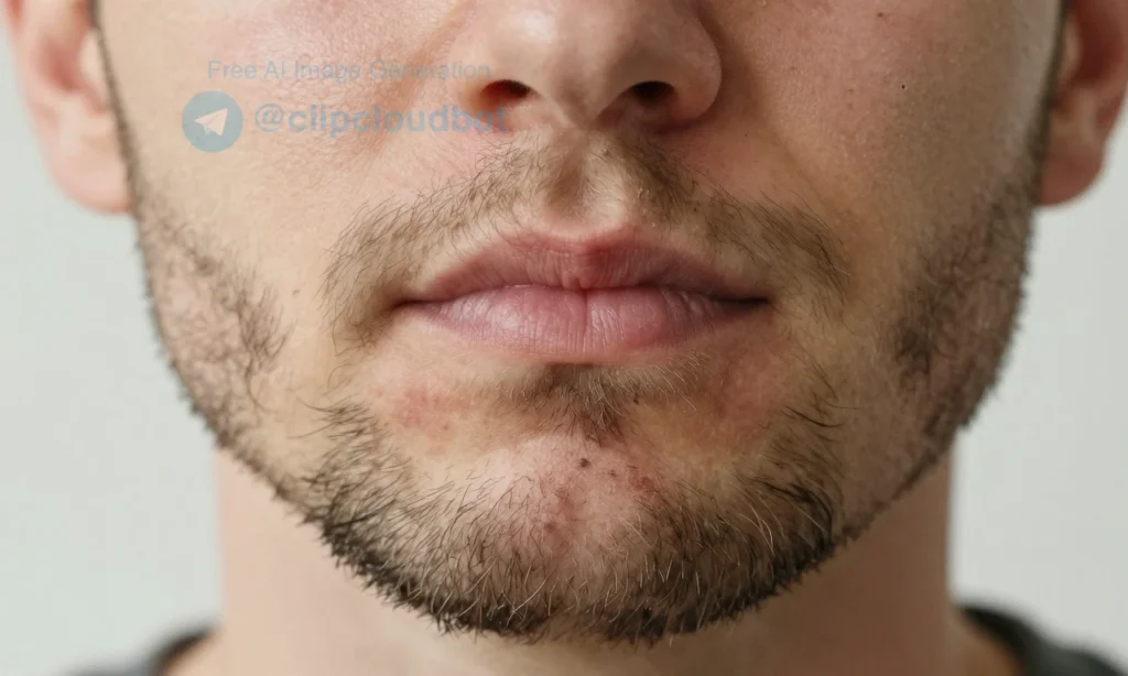 A close-up of a man's face showing a coarse, stiff beard with visible roughness and slight irritation, set against a soft natural background. The image emphasizes texture and discomfort of the beard, with subtle signs of dryness or itchiness, but no visible tools, products, or salon equipment. The lighting is soft and realistic, highlighting skin and hair detail without artificial enhancements.