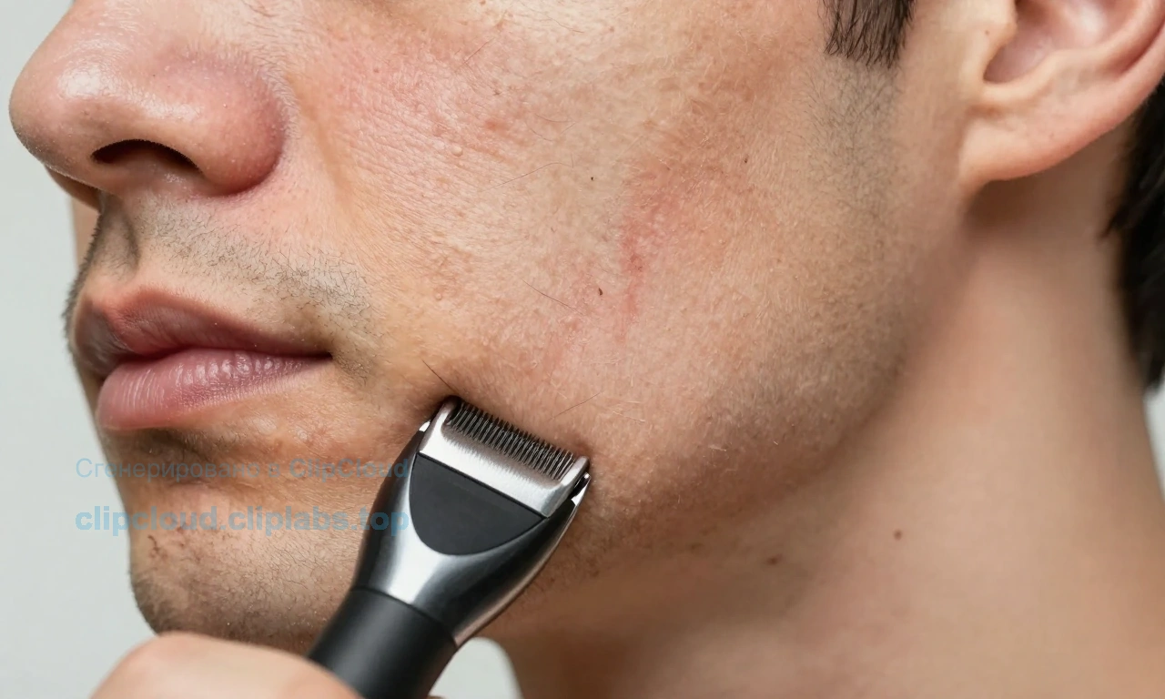 A close-up of a man's face showing dry, flaky skin on the jawline and chin after using a trimmer and shaving beard contours, with visible irritation and tightness, natural lighting, realistic skin texture, no makeup or products applied