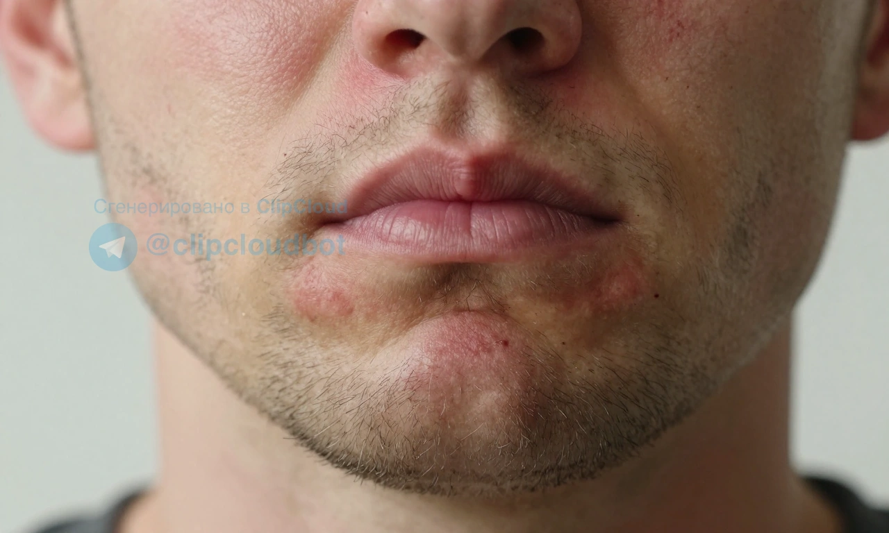 A close-up of a man's face showing tight, irritated skin under the beard with visible redness and discomfort, focusing on the jawline and chin area where facial hair grows, soft natural lighting, realistic skin texture, no makeup or products visible