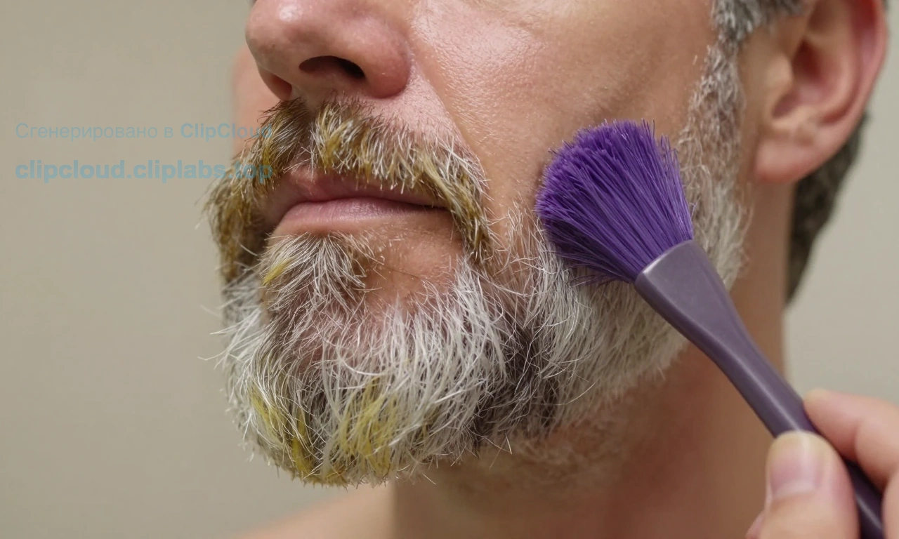 A close-up of a man's face with a silver-gray beard showing subtle yellowish tones, being gently treated with a natural remedy like purple shampoo or violet toner applied with a soft brush, warm bathroom lighting, realistic skin and hair texture, no visible dye or artificial color, focus on the beard area only
