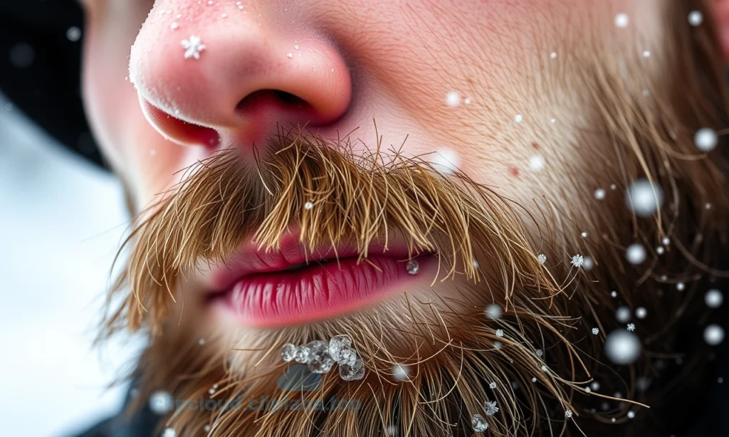 A close-up of a man's face with a full beard, showing mild skin irritation and redness under the beard due to wind and cold exposure, with subtle wind-blown snowflakes in the background and a soft, natural winter daylight setting, focusing on skin texture and beard detail without any text or symbols