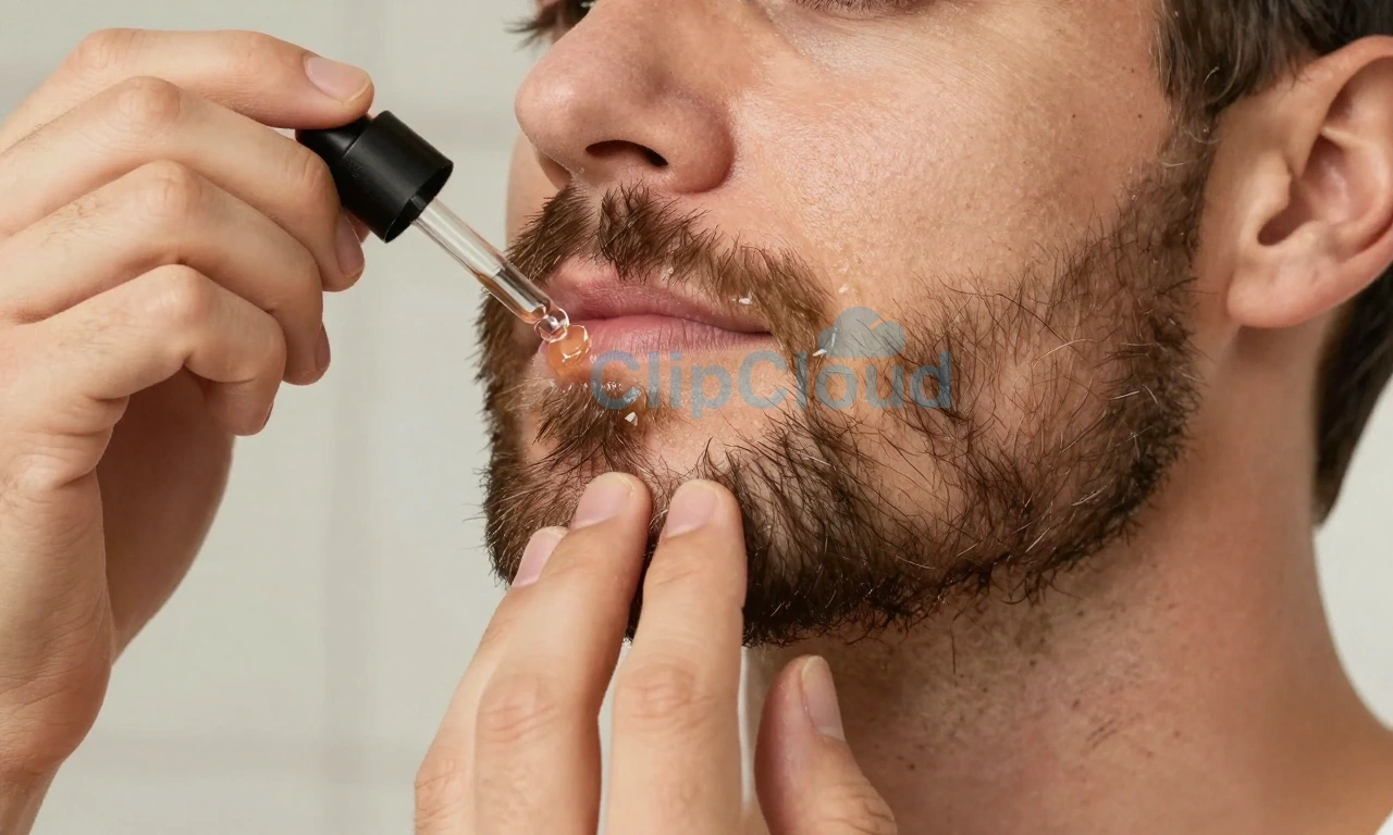 A close-up of a man's face with a well-groomed beard, showing hands applying beard oil using a dropper, focusing on the oil being gently massaged into the beard and skin, soft natural lighting, realistic skin and hair texture, no visible bottle labels or text, clean bathroom background with subtle details