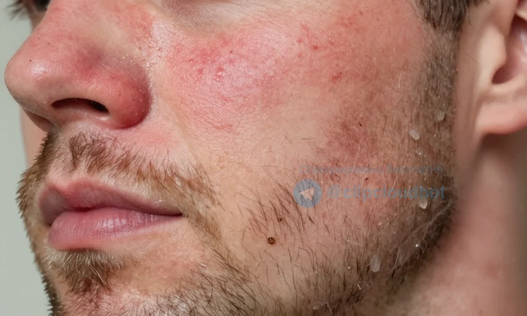 A close-up of a man's face showing red, irritated skin under a beard after washing, with visible inflammation, slight swelling, and dry patches; the beard is damp, water droplets on facial hair, soft natural lighting, realistic skin texture, no text or symbols