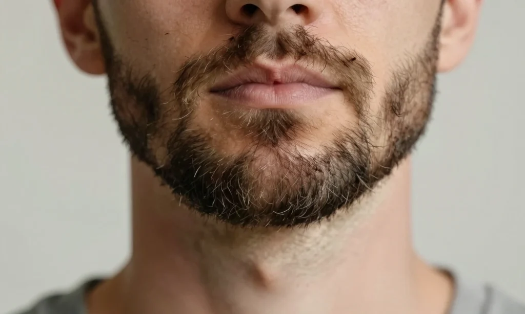 A close-up of a man's beard showing signs of dryness, brittleness, and dullness — split ends, rough texture, and lack of shine — set against a soft, neutral background with subtle lighting to emphasize hair condition, no text, no logos, no people's faces visible