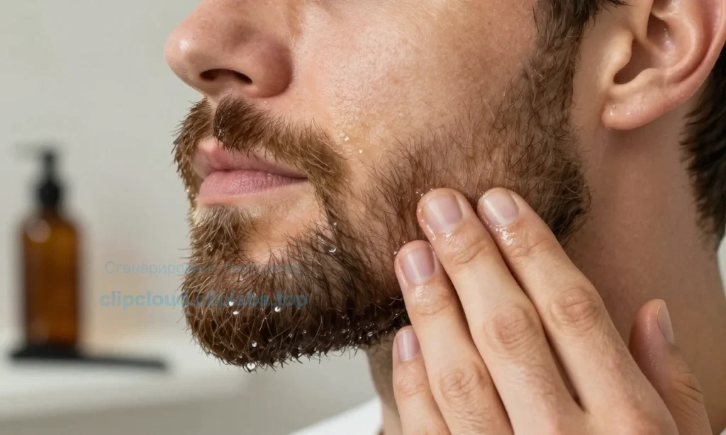 A close-up of a well-groomed beard with visible texture, showing a few drops of beard oil being gently massaged into the facial hair by a man's hand, soft natural lighting highlighting the shine and health of the beard, background blurred with subtle hints of a bathroom counter with grooming tools like a comb and small bottle of oil, no text, no labels, no digits, no watermarks