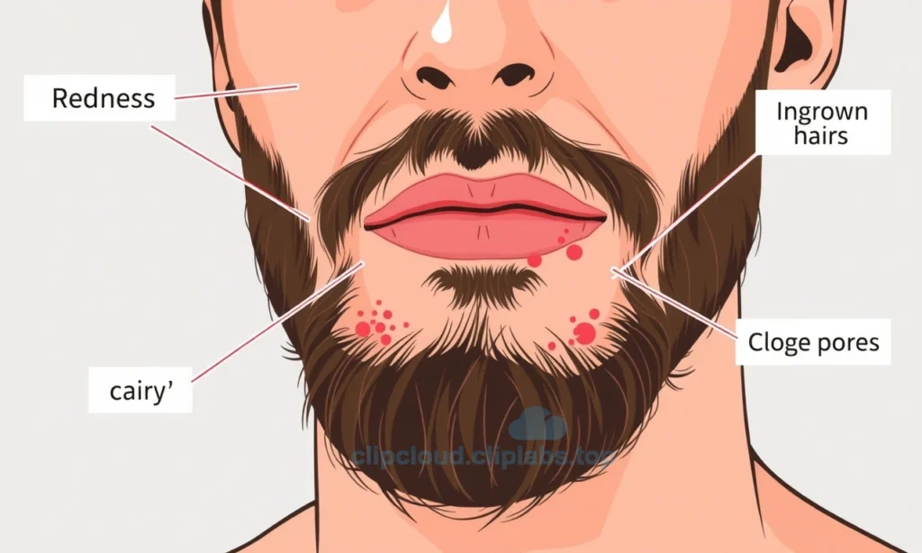 A close-up illustration of a man's face with a beard showing common skin issues under facial hair: redness, ingrown hairs, dry flaky skin, and clogged pores. The man has a neutral expression, soft natural lighting, and the beard is medium-length. Focus on the skin beneath the beard with visible irritation and imperfections. No text, symbols, or watermarks.