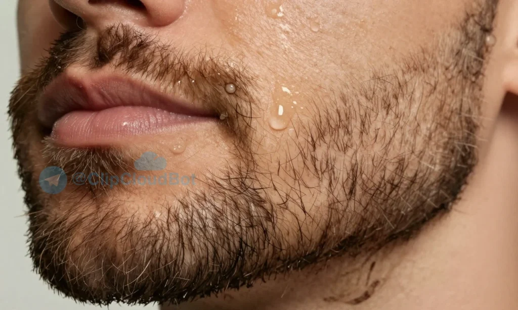 A close-up of a well-groomed beard with natural oils being applied, showing droplets of oil on facial hair, soft lighting highlighting texture and shine, no text or labels, realistic skin and hair detail, warm tones
