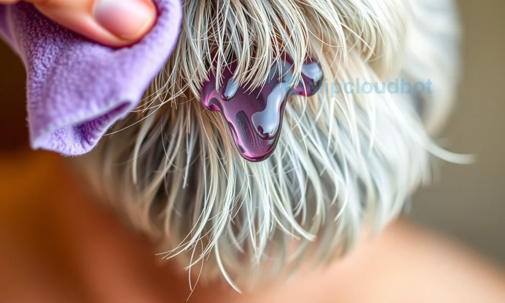 A close-up of a well-groomed silver beard with subtle yellowish tones being gently treated with a natural remedy — a soft cloth dabbing a clear, non-colored solution (like purple shampoo or violet toner) onto the facial hair, droplets catching soft natural light, background blurred with warm neutral tones, focus on texture and shine, no dyes, no brushes, no artificial color application