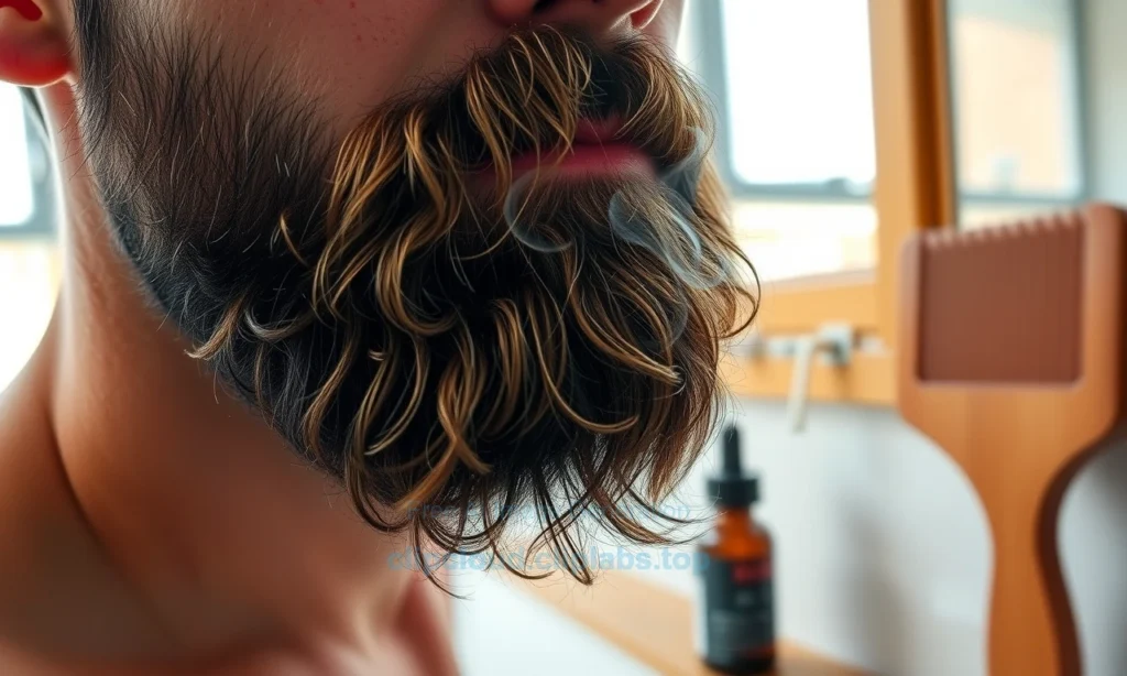 A close-up of a man's beard with visible tobacco smoke residue, showing strands of facial hair slightly discolored and emitting faint grayish smoke wisps, set against a soft blurred bathroom background with a wooden comb and natural beard oil bottle nearby, warm morning light from a window, realistic skin texture and hair detail, no text or symbols