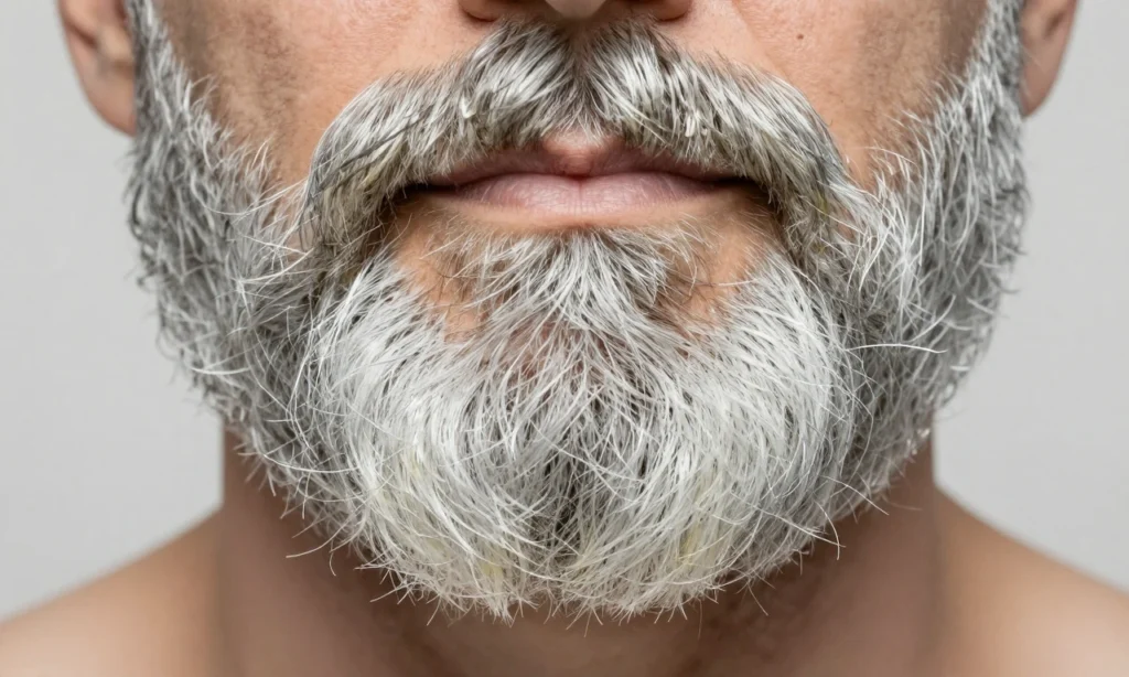 A close-up of a well-groomed silver beard with natural, cool-toned gray hairs, free of yellowish discoloration, showing healthy texture and shine, set against a soft neutral background, emphasizing clean, natural care without dye or artificial coloring