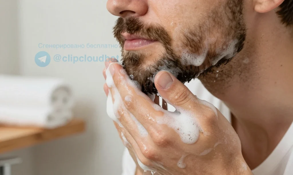 A close-up of a man's beard being gently washed with warm water and a mild beard shampoo, showing foam and water rinsing away beard wax residue, clean skin underneath, soft natural lighting, bathroom setting with a wooden sink and towel in the background, no visible wax flakes or greasy residue