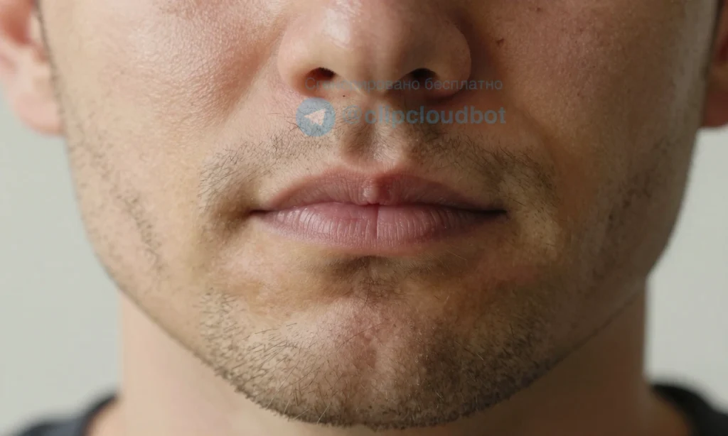 A close-up of a man's face showing a patchy beard after shaving, with visible stubble and skin texture, soft natural lighting, realistic skin pores and hair follicles, no text or symbols