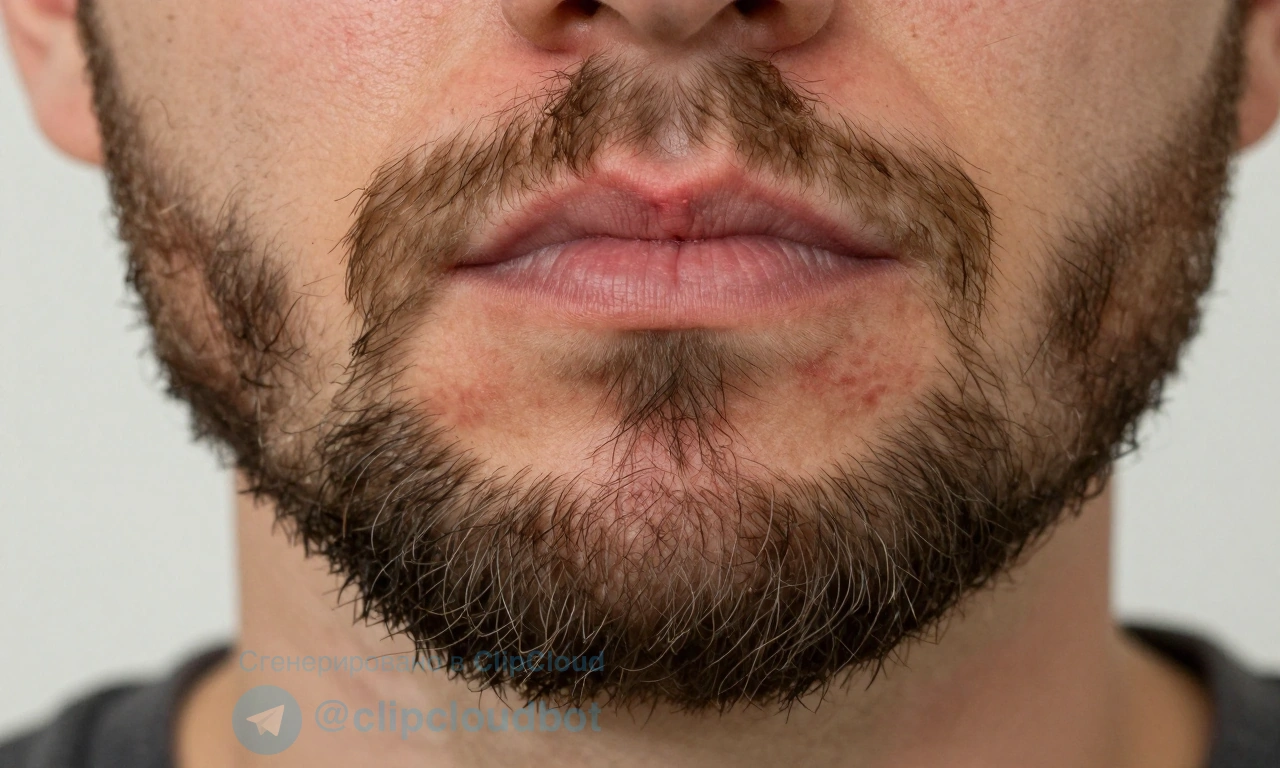 A close-up of a man's face with a well-groomed beard, showing slightly irritated, dry skin underneath the beard with subtle redness and flaking, natural lighting, realistic skin texture, no visible products or tools, focus on the skin-beard interface