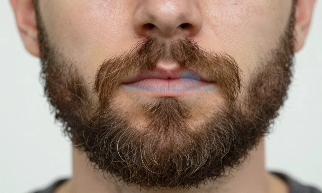 A close-up of a man's face with a full, unkempt beard that is frizzy and sticking out in multiple directions, showing individual hairs curling and straying, with soft natural lighting highlighting the texture and flyaways, no text, no letters, no digits, no background distractions, realistic skin and hair detail