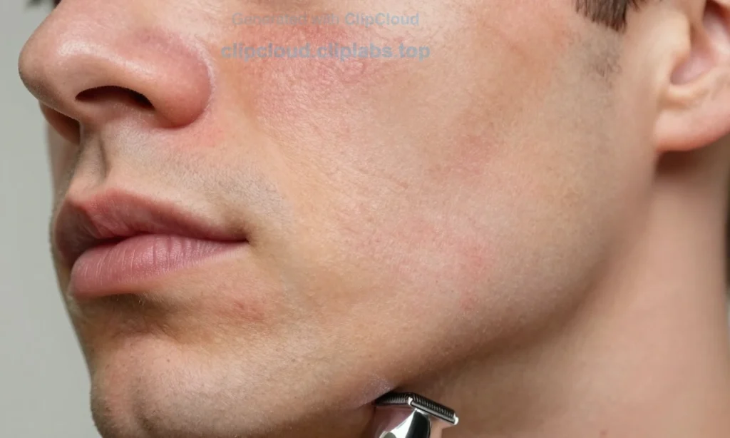 A close-up of a man's face showing dry, irritated skin along the jawline and chin after using a trimmer and shaving beard contours, with subtle redness and flakiness, soft natural lighting, realistic skin texture, no visible hair, no tools or products in frame, focus on skin condition only