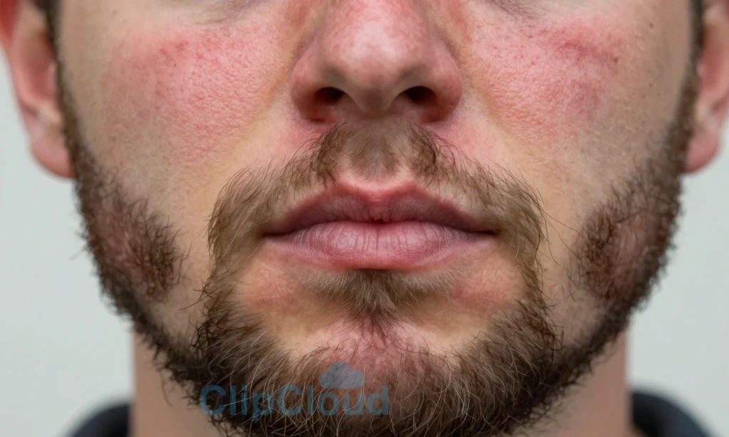 A close-up of a man's face with a full beard, showing red, irritated skin beneath the beard due to wind and cold exposure, with visible dryness and mild inflammation on the cheeks and jawline, soft natural lighting, realistic skin texture, no text or symbols