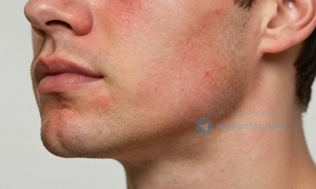 A close-up illustration of a man's face showing the skin under the beard becoming red, inflamed, and irritated after washing, with visible signs of dryness, flaking, and mild swelling around the jawline and neck area, soft natural lighting, realistic skin texture, no text or symbols