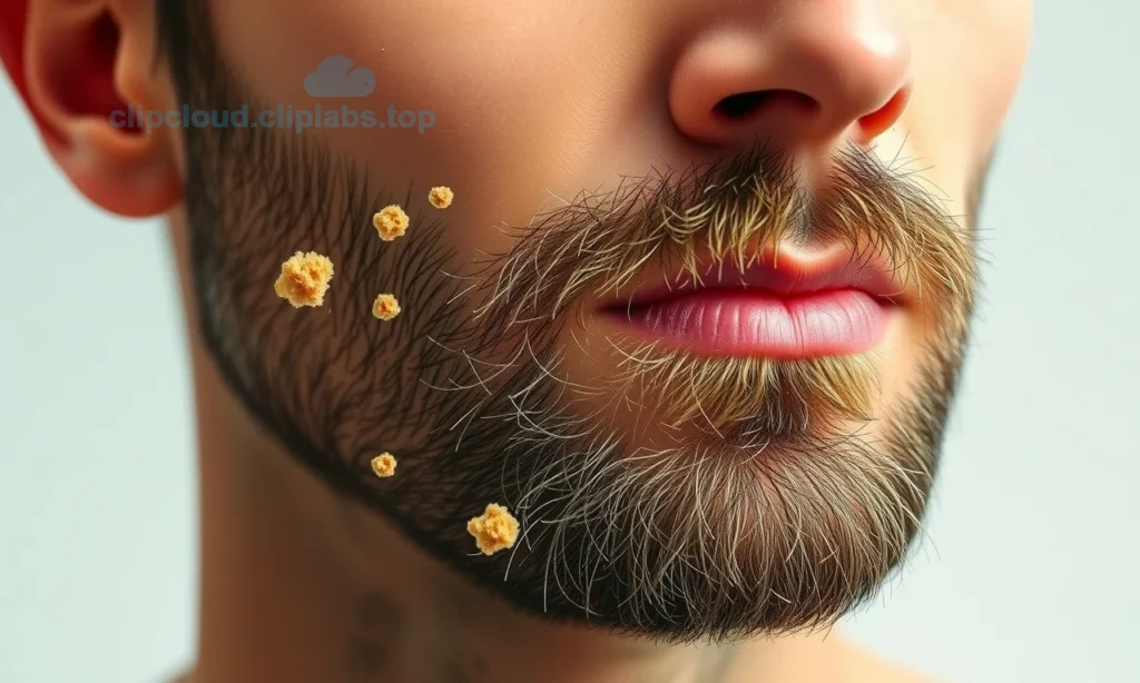 A close-up of a man's face showing patchy beard loss with small clumps of facial hair falling out, natural skin texture, soft lighting, realistic medical illustration style, no text or symbols
