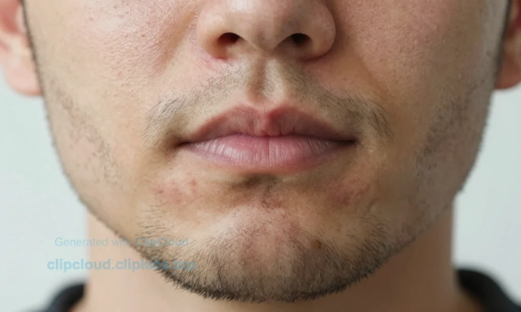 A close-up of a man's face with a short beard showing mild flaking and dry skin patches on the chin and cheeks, natural lighting, realistic skin texture, no visible irritation or redness, focus on beard and facial skin details