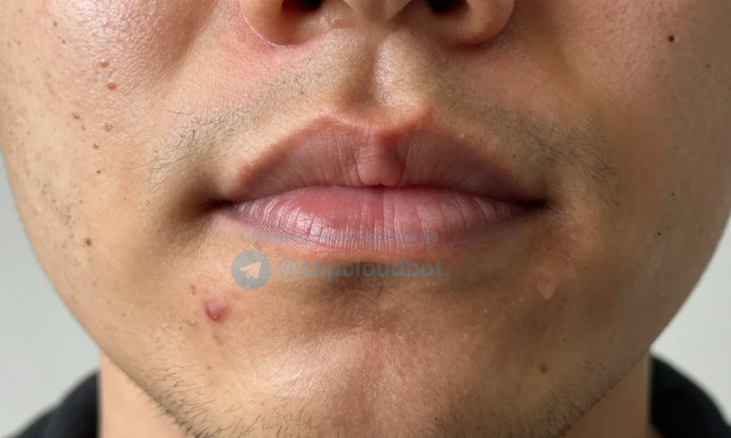 A close-up of a man's face showing the skin under a beard with visible acne or pimples, natural lighting, realistic skin texture, no makeup, no text or symbols, focus on the affected area beneath facial hair