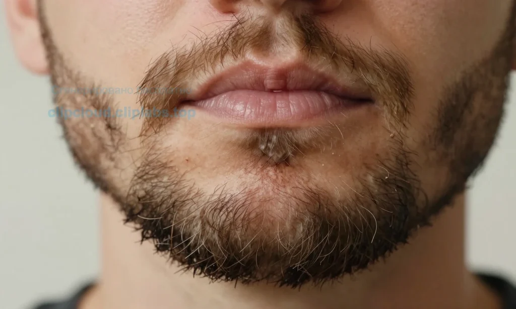 A close-up of a man's beard showing signs of brittleness and dullness, with dry, split hairs and lack of shine, set against a soft neutral background to emphasize texture and condition, natural lighting, high detail